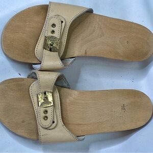 Dr. Scholl's Cream Leather Slide Mules with Gold Buckle